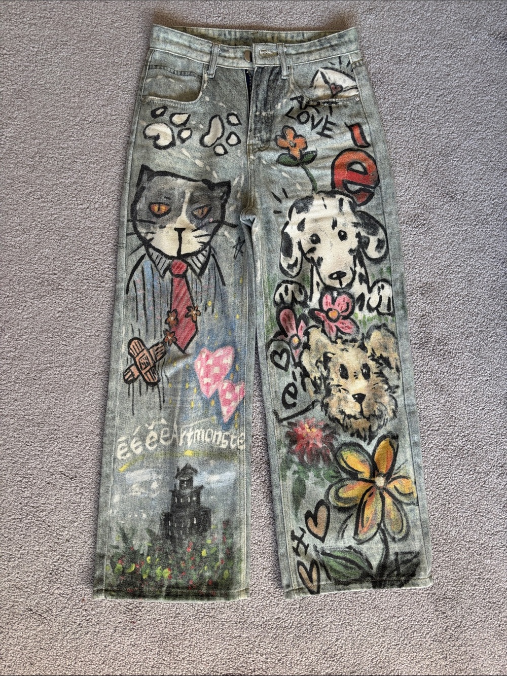 Hand-Painted Art Jeans with Colorful Animal Motifs